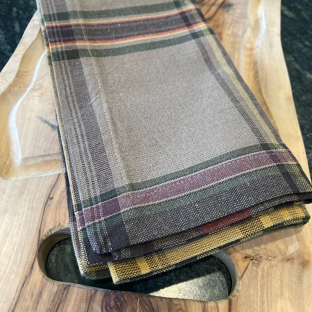 Pottery Barn Woodrow Plaid Cotton Napkins, SET OF 3 Brown Gray Multi Rare Rustic